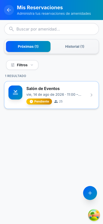 Pantalla de reservaciones de amenidades de la aplicación para residentes de Livilinq