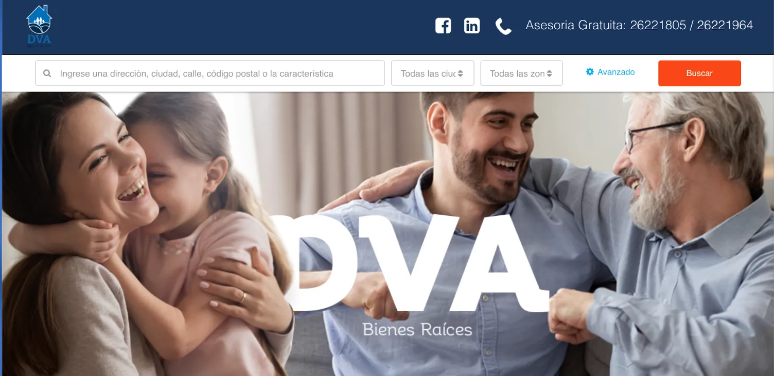 Captura del portal inmobiliario de DVA Bienes Raíces