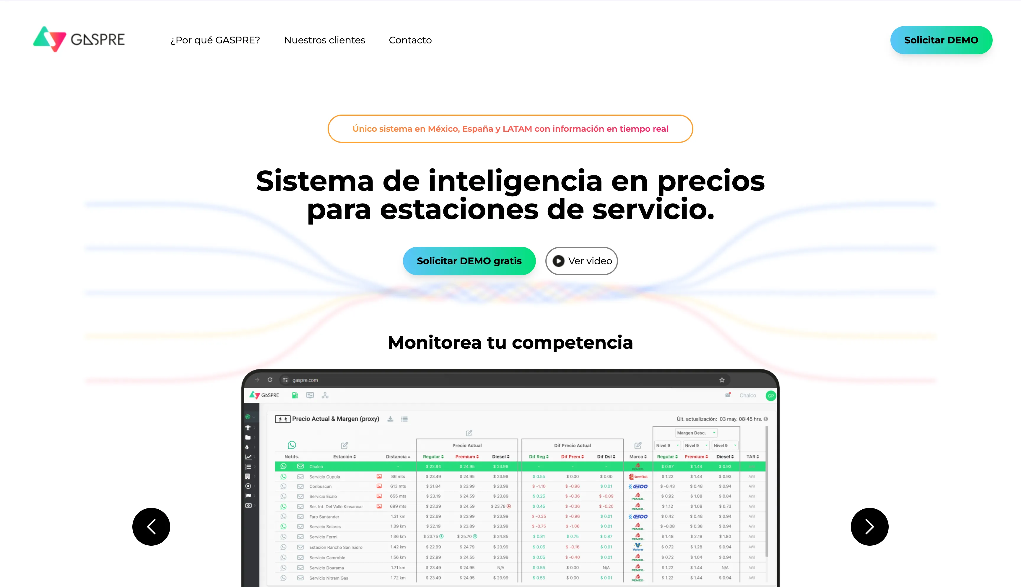 Captura del panel de GASPRE con precios de estaciones de servicio