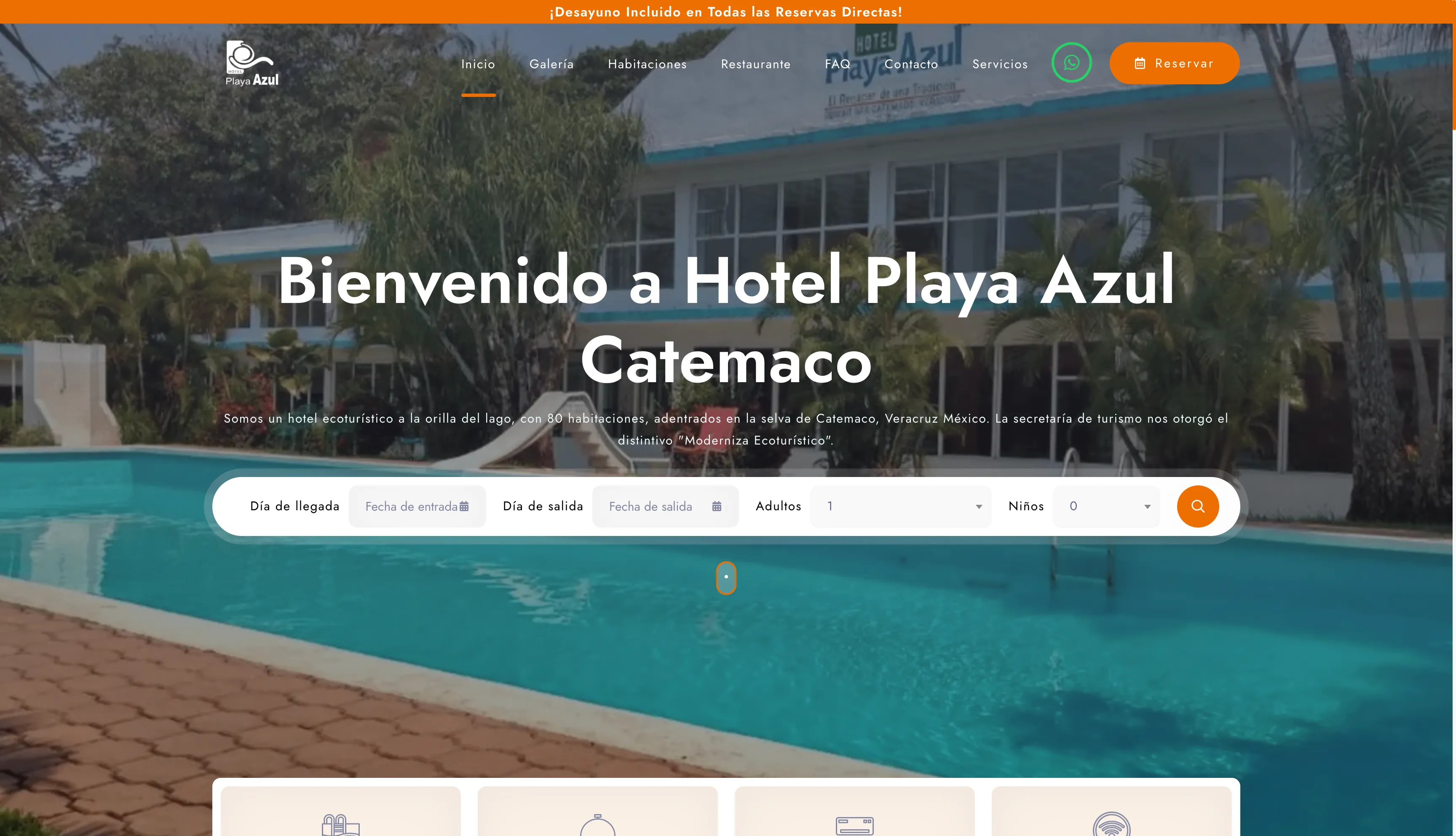 Captura del sitio de reservaciones del Hotel Playa Azul Catemaco